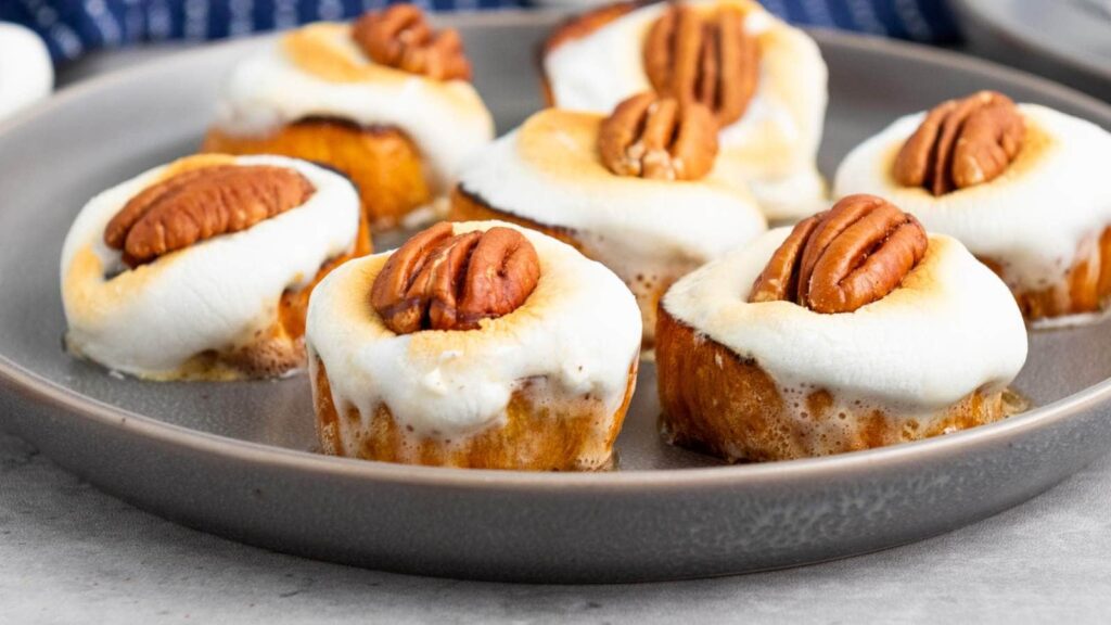 Sweet potato bites on a grey plate.