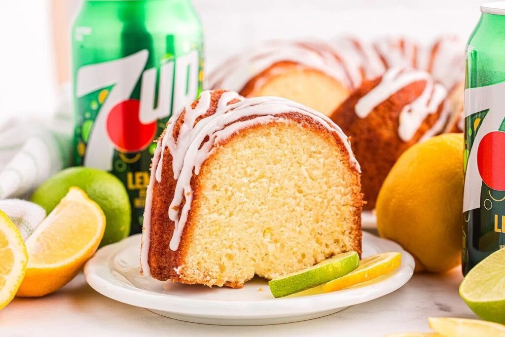 Sliced 7 Up pound cake with white icing, served with fresh lemons, lime slices, and cans of 7Up.