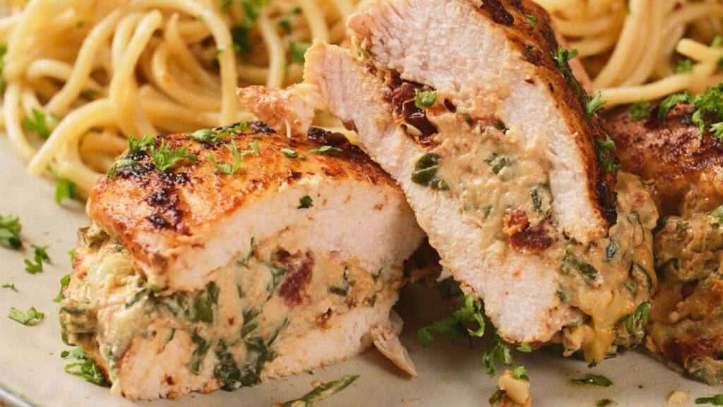 Stuffed chicken breast with a creamy filling, served alongside spaghetti.
