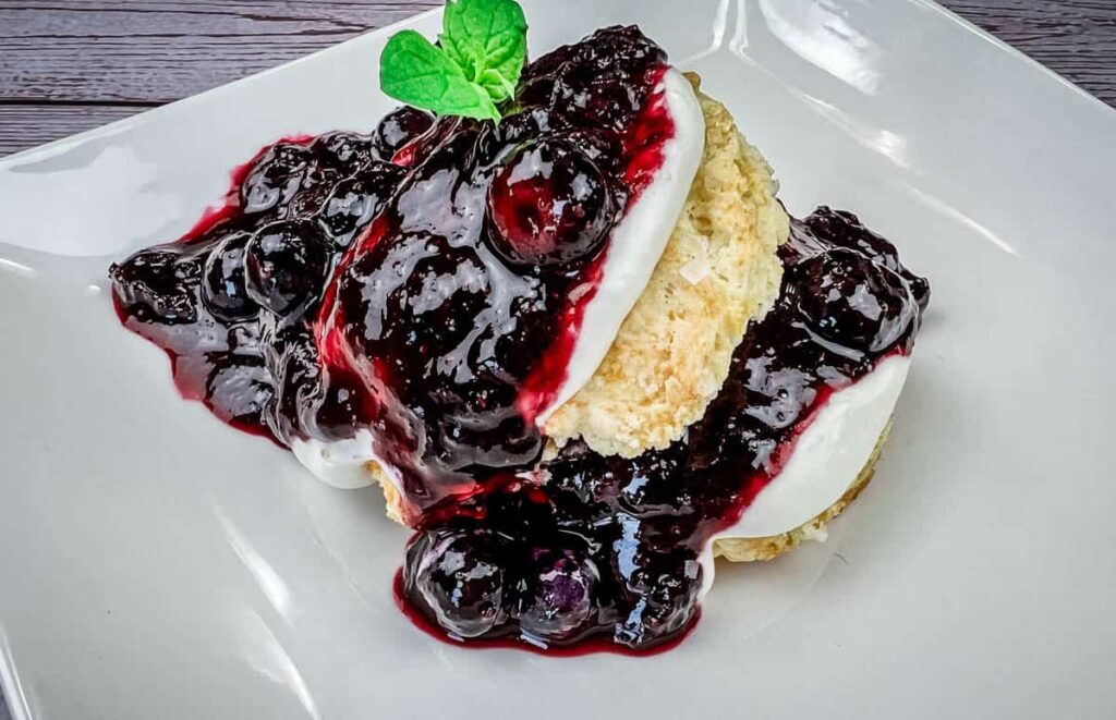 Blueberry shortcake dessert on a white plate, consisting of two biscuit layers with cream and a generous blueberry sauce topping, garnished with a sprig of mint.