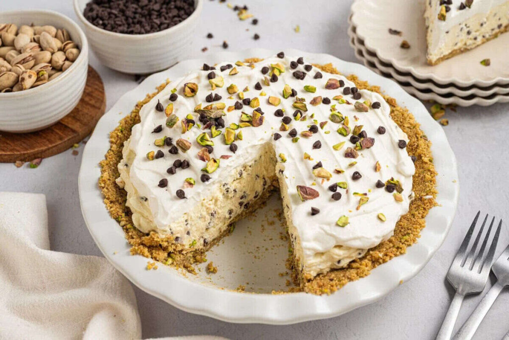 Creamy cannoli pie with whipped cream, chocolate chips, and pistachios.