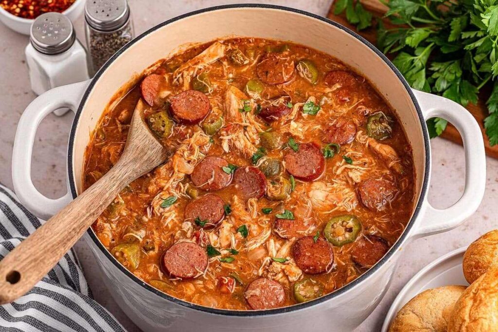 A pot of chicken and sausage gumbo, with sliced sausage, tender chicken, okra, and herbs being stirred with a wooden spoon.