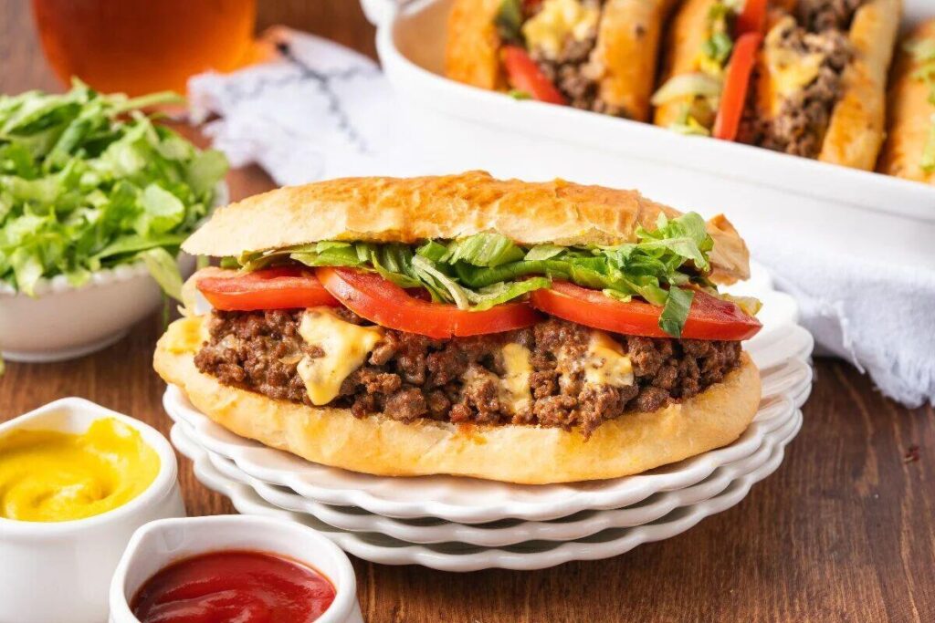 Chopped cheese sandwich with beef, melted cheese, tomato, and lettuce on a white plate.
