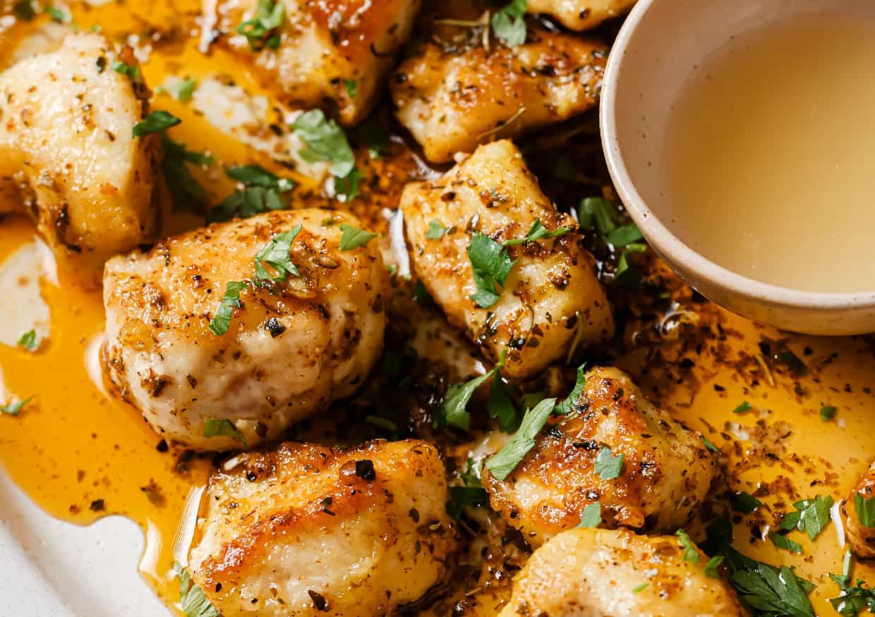 A plate of garlic butter chicken bites.