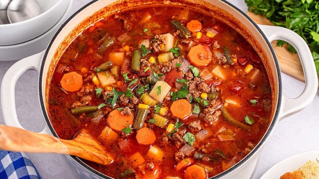 A bowl of soup with ground meat, diced vegetables, and herbs on the surface.
