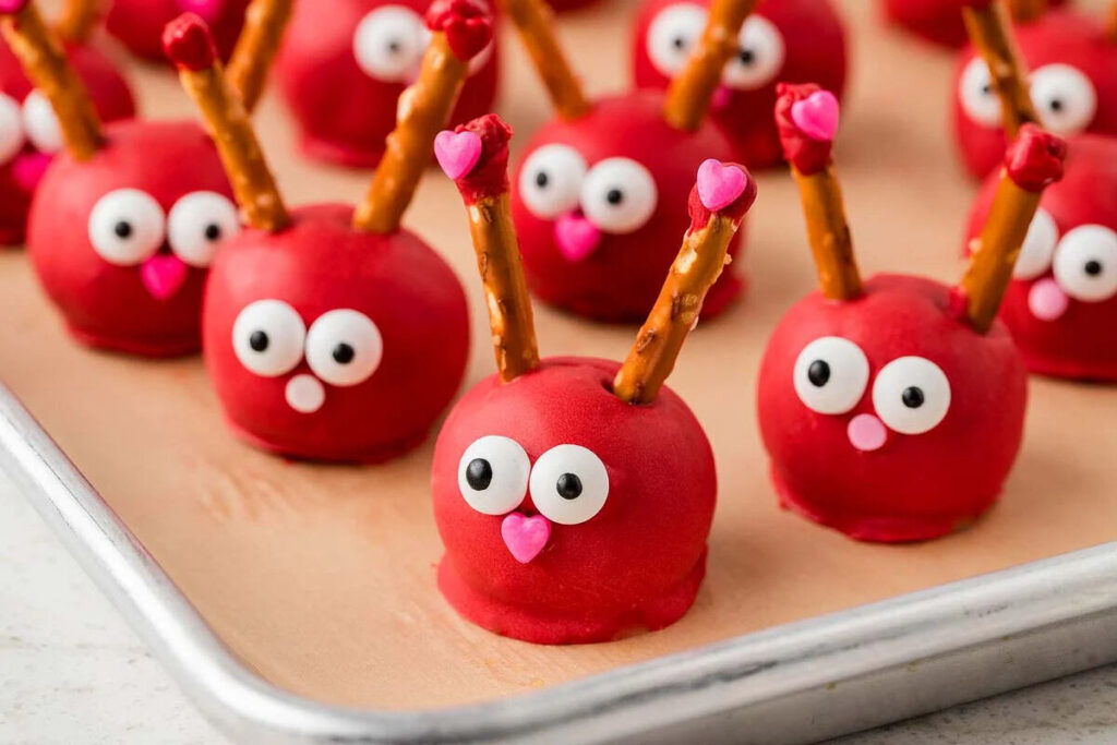 Love bug cake balls in red, adorned with large googly eyes and small pink heart noses.