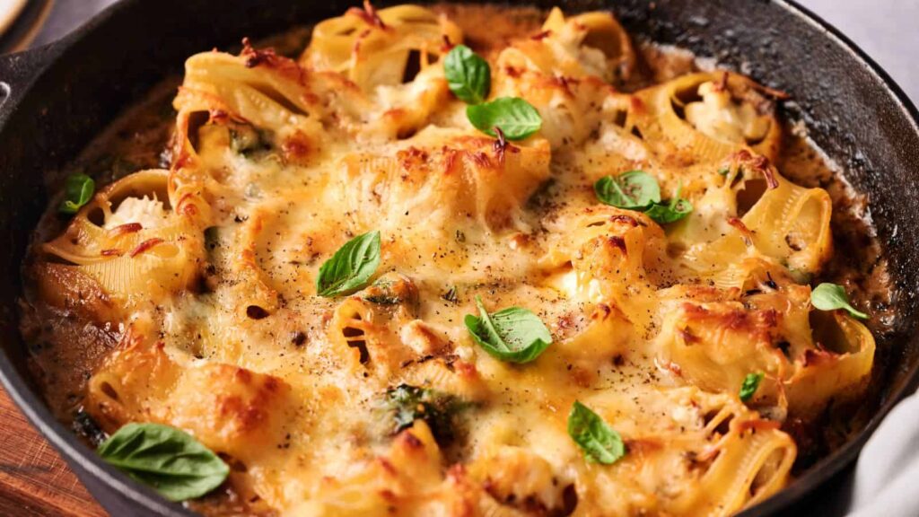 Baked stuffed pasta shells topped with melted cheese and fresh basil leaves in a skillet.