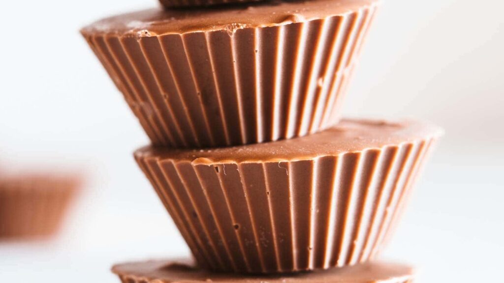 Pieces of peanute butter cups stacked on top of each other.