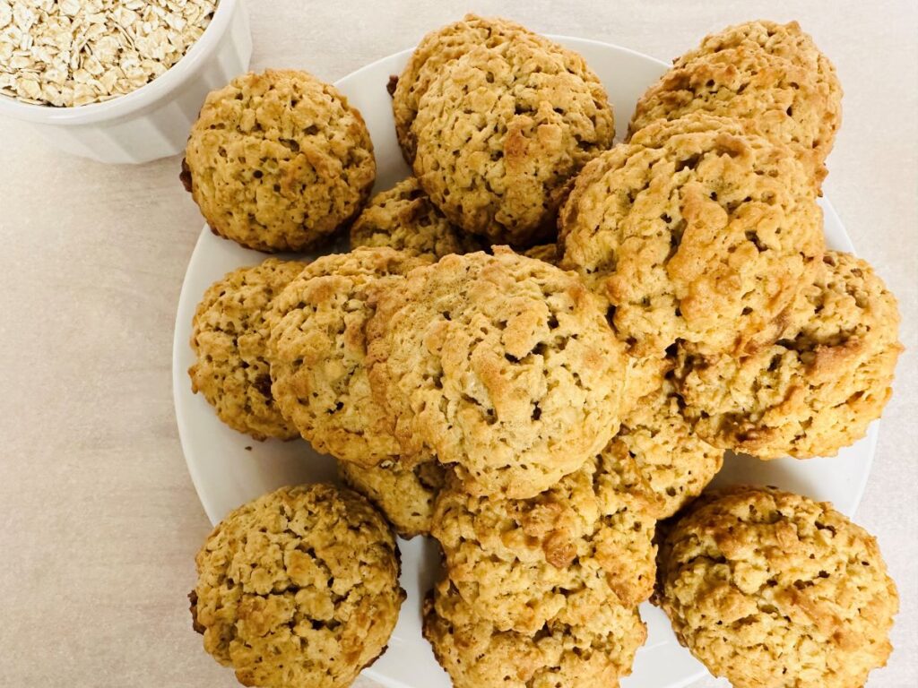Pile of oatmeal cookies on a plate.