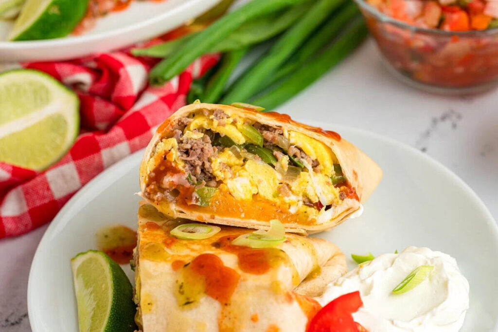 A sausage breakfast burrito cut in half reveals scrambled eggs, ground beef, bell peppers, and melted cheese.