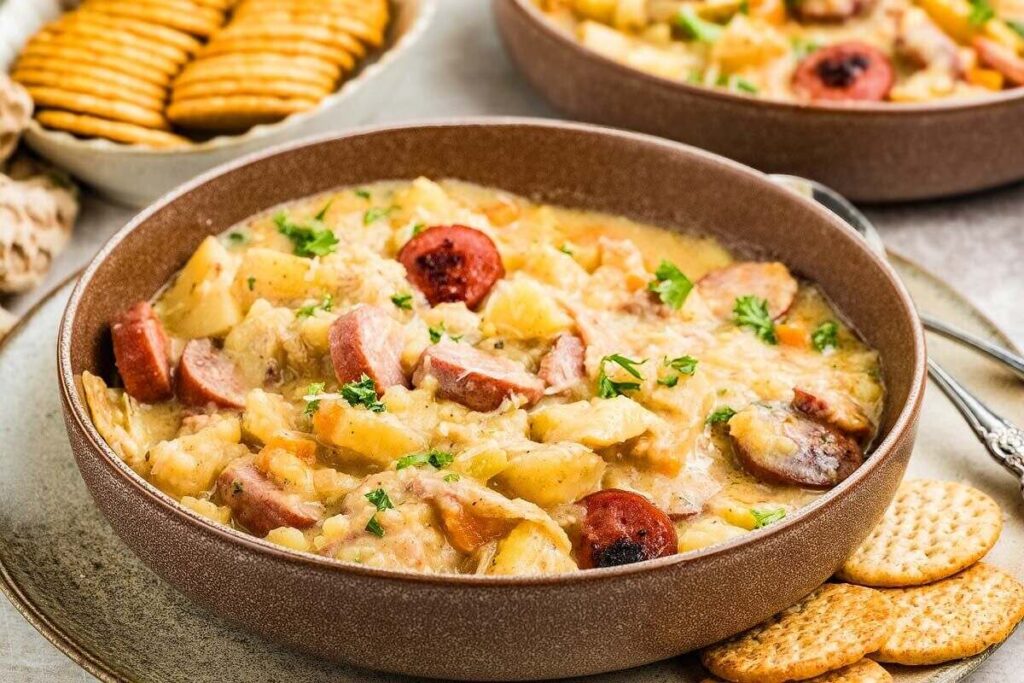 A bowl of hearty sausage potato soup garnished with herbs, served with round crackers on the side.