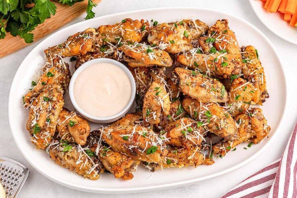A plate of slow cooker garlic parmesan wings topped with grated cheese and herbs, served with a delicious dipping sauce.