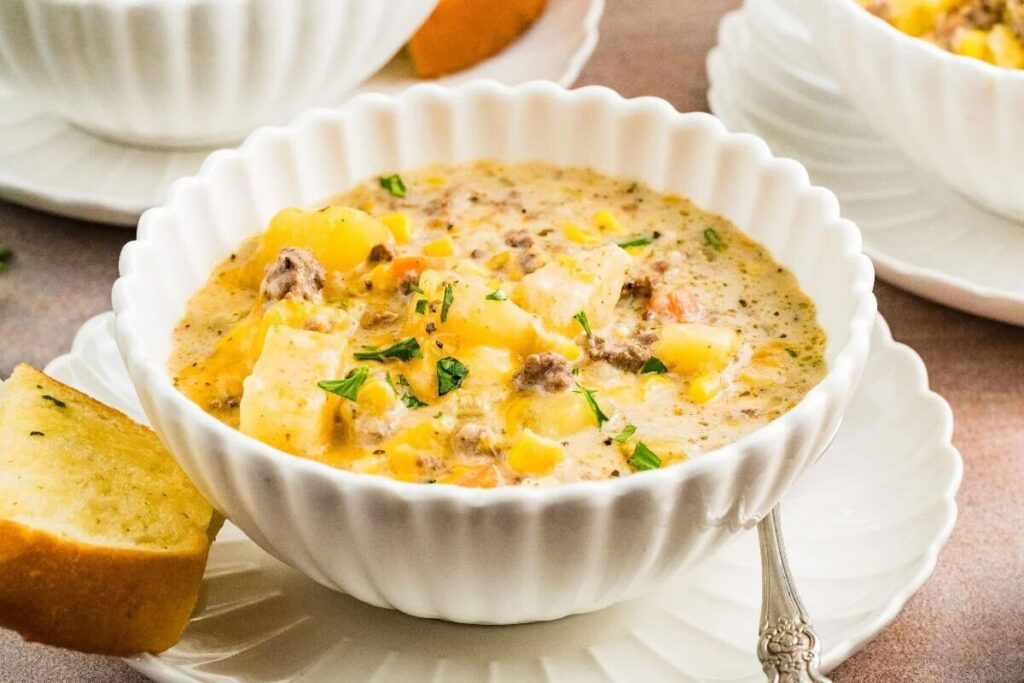 Slow cooker cheeseburger soup with ground meat, potatoes, and veggies, served with garlic bread.