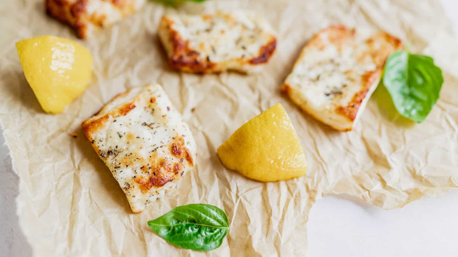 Air Fryer Halloumi with lemon and basil leaf.