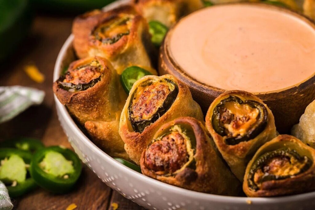 Jalapeno popper rolls on a plate with a bowl of dip.