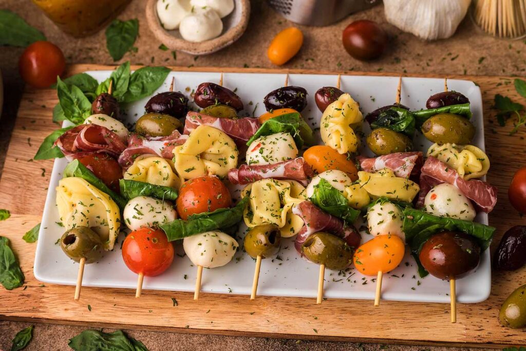Antipasto appetizer on skewers.