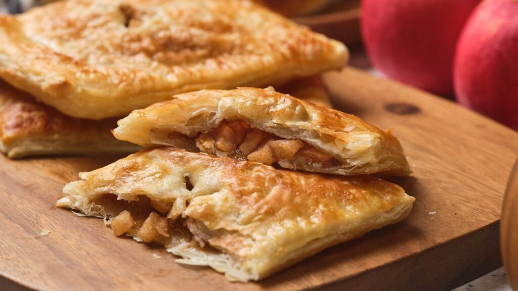 Puff pastry apple pie pockets on a wooden board.
