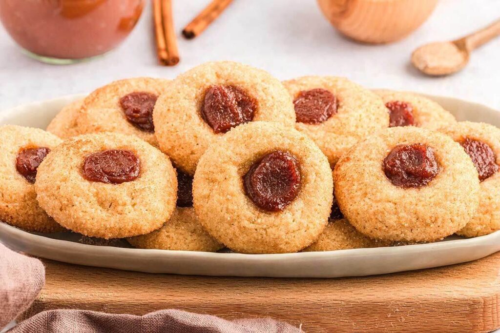 Apple butter thumbprint cookies with cinnamon sugar.