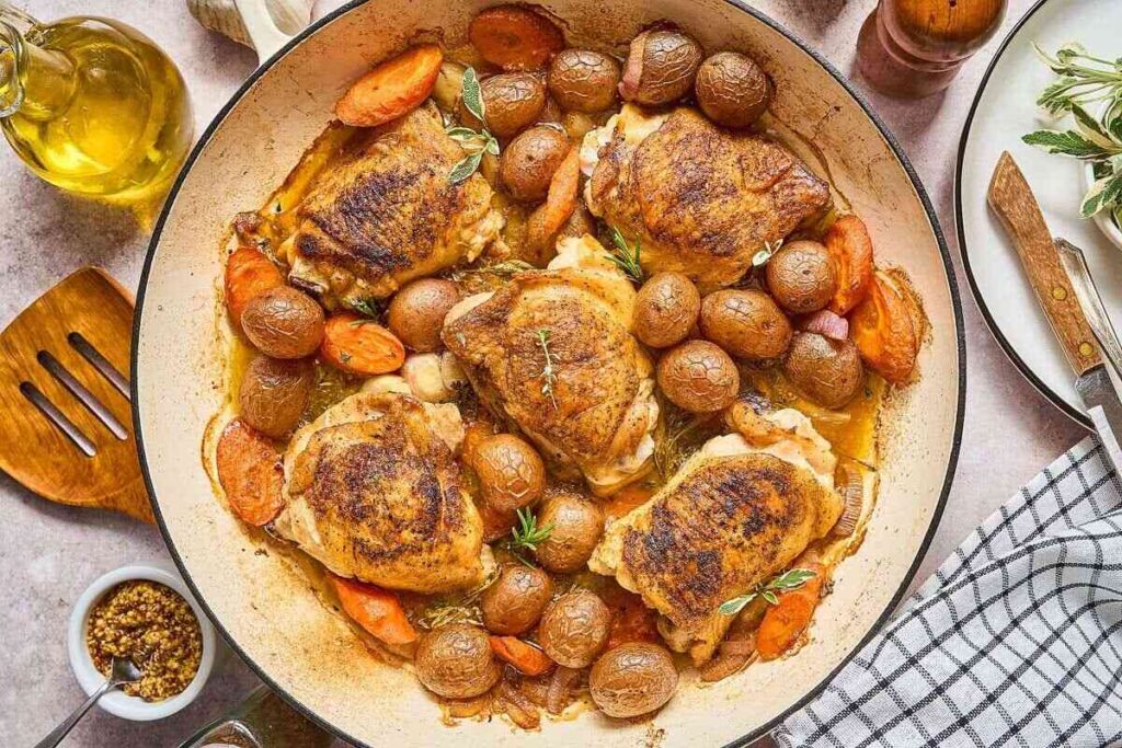 Beer-braised chicken thighs with baby potatoes and carrots, garnished with fresh herbs.