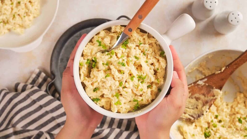 A bowl of cauliflower mac and cheese.