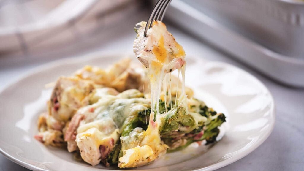A serving of chicken bacon ranch casserole on a white plate.