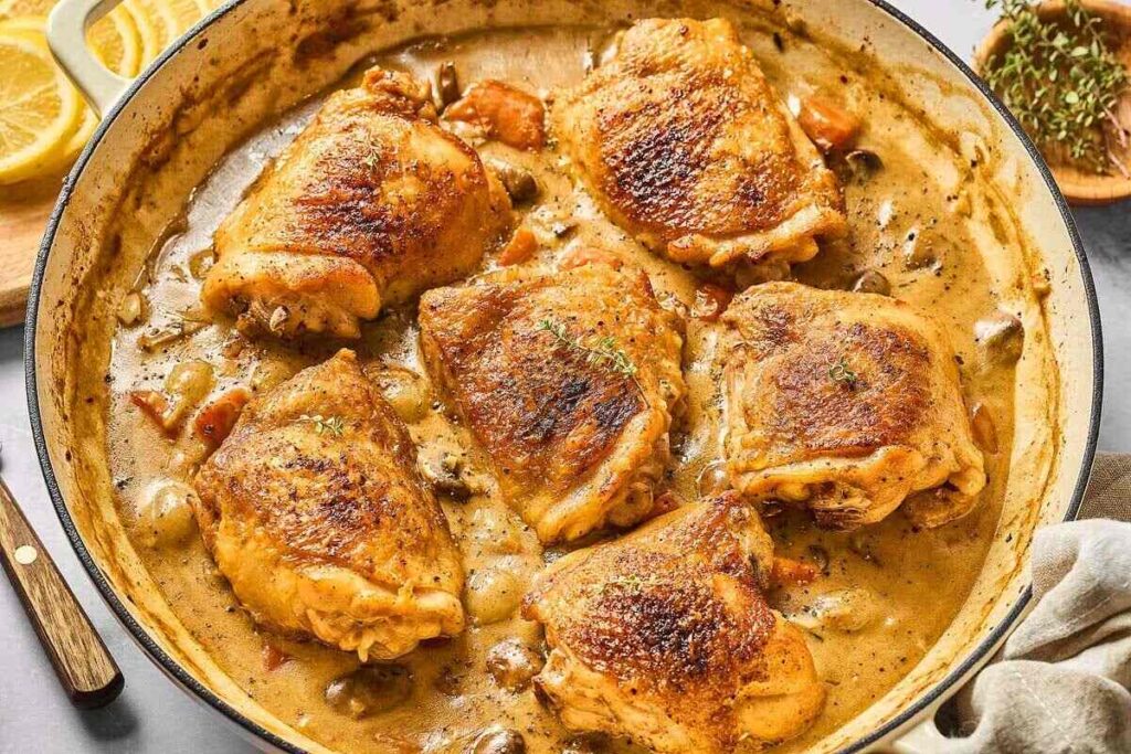 Skillet chicken fricassee with six browned thighs in creamy mushroom sauce, garnished with herbs and lemon slices.
