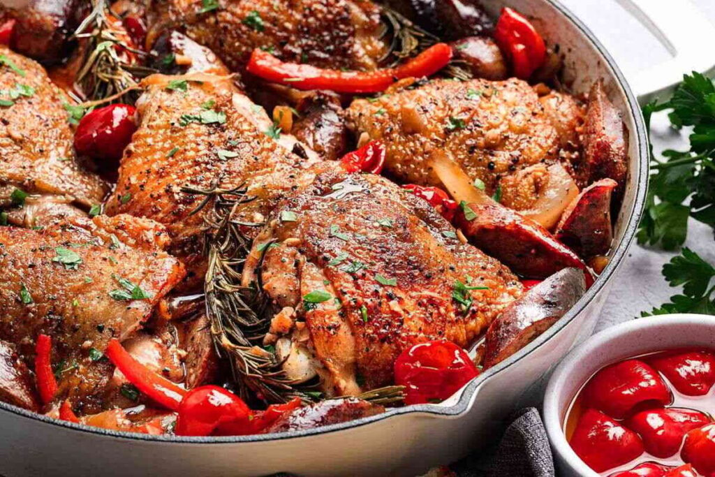 Skillet with roasted chicken thighs, rosemary, red peppers, and cherry tomatoes.