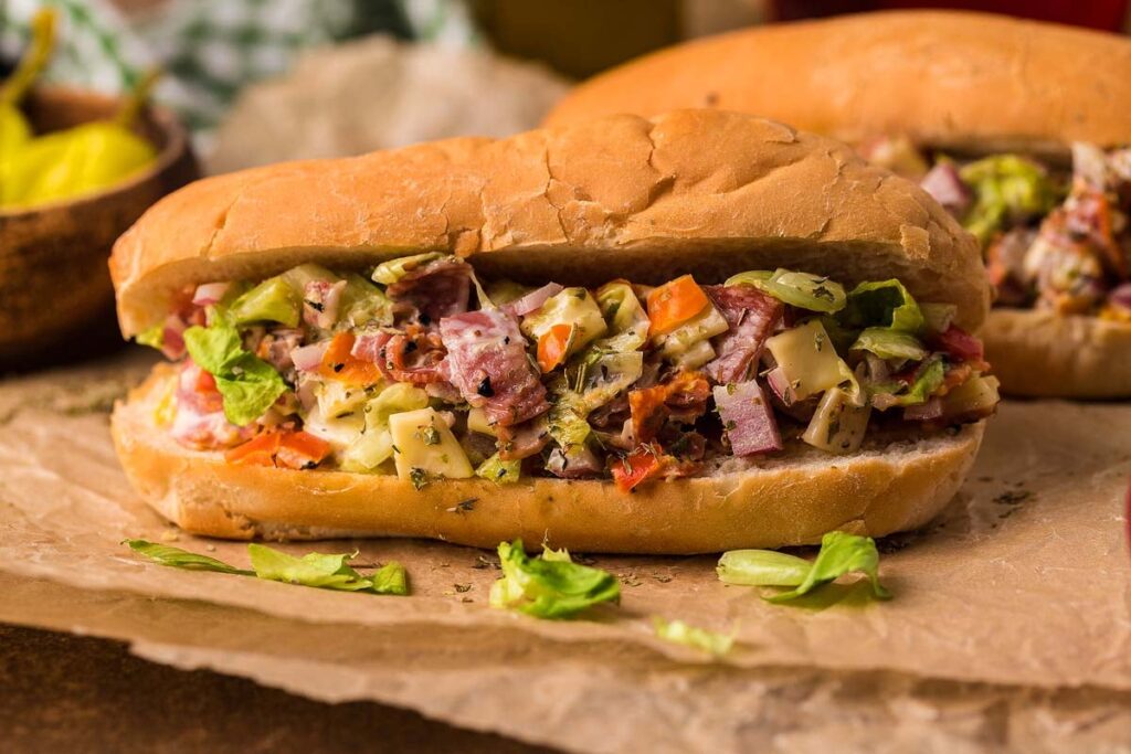 Chopped sandwich on a tray.