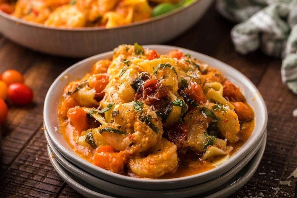 A hearty seafood stew with shrimp, fish, and herbs in a rich sauce, served over pappardelle pasta.