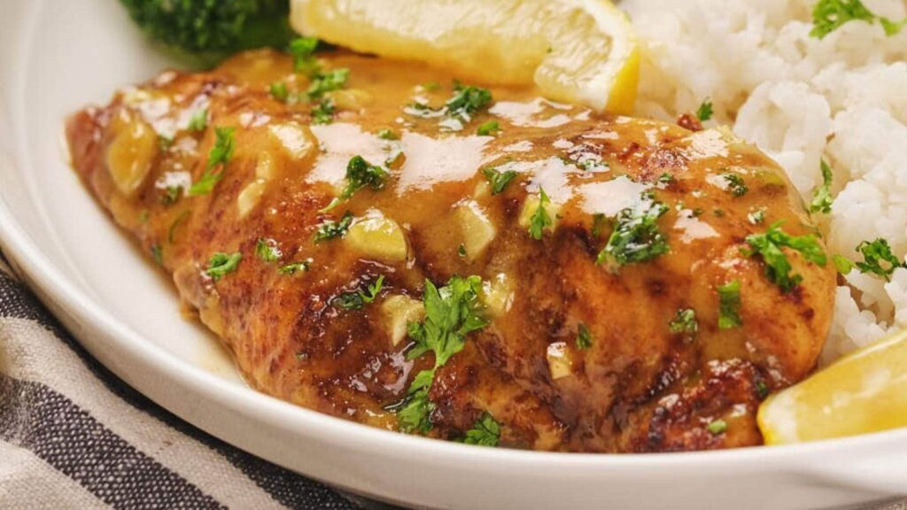 Honey mustard chicken served with rice and lemon slices.