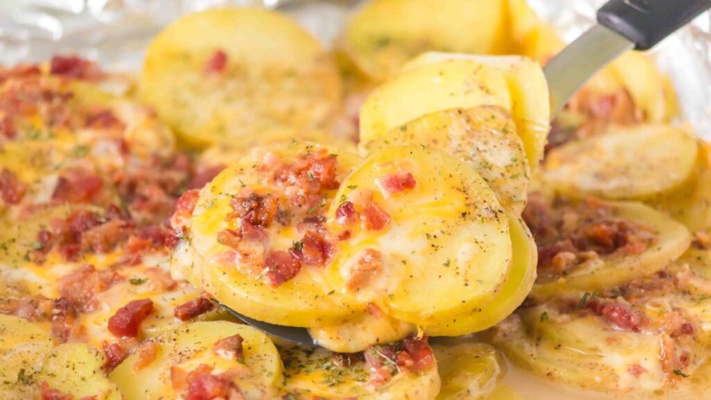Campfire potatoes roasted with seasonings.