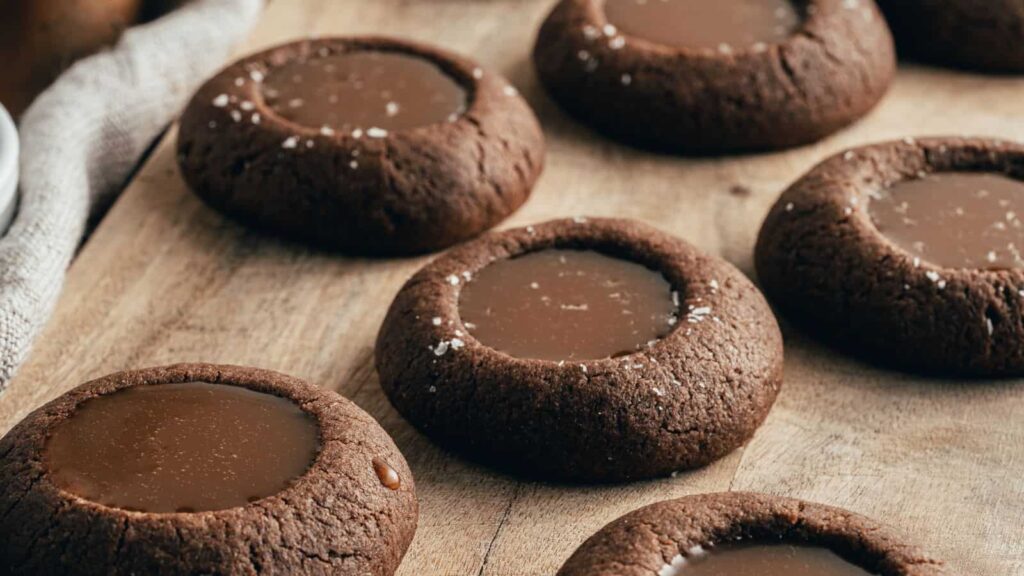 Caramel chocolate thumbprint cookies on a wooden cutting board.