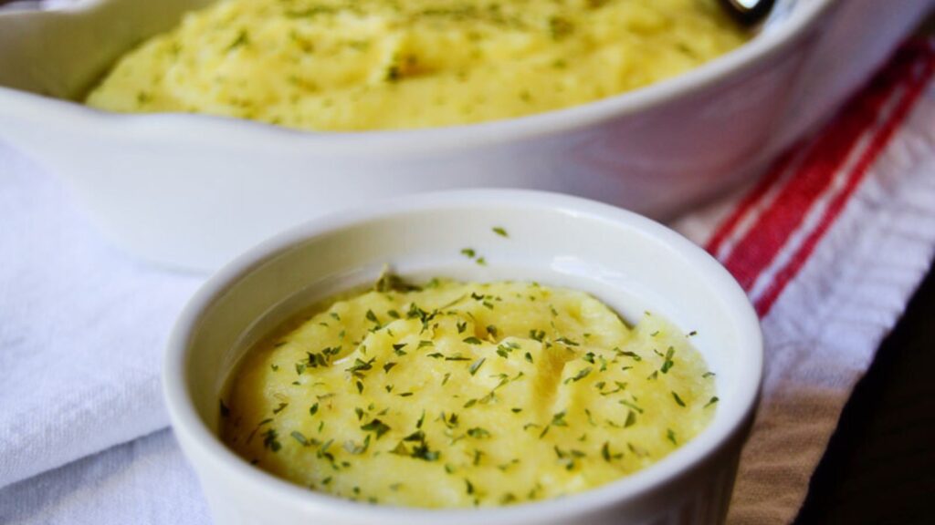 Basic Polenta in a white bowl.