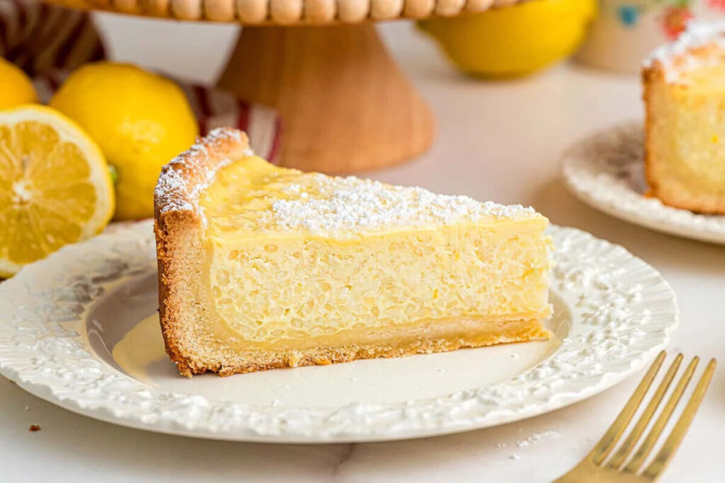 A slice of Italian rice pie on a decorative white plate. 