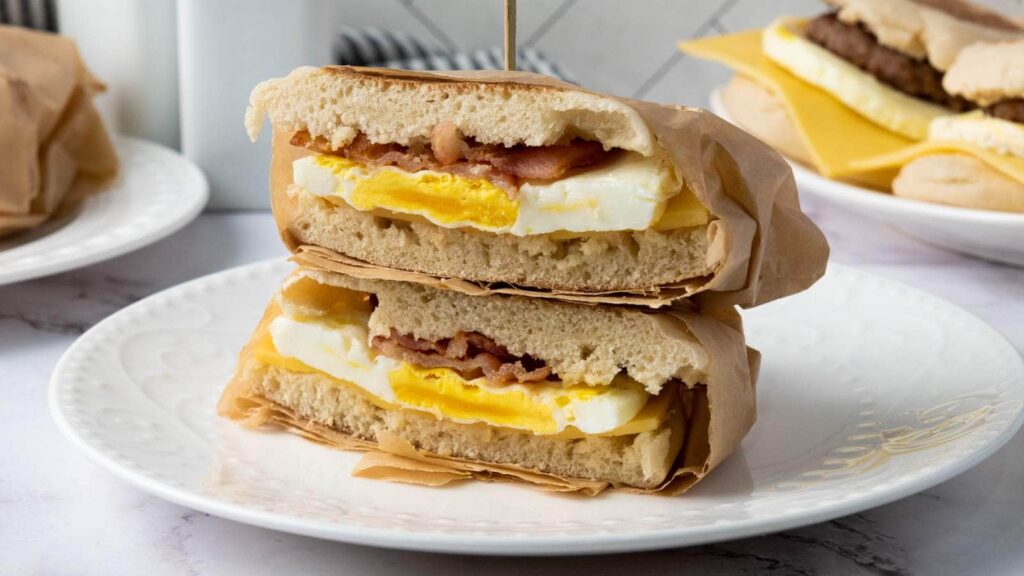 A sandwich cut in half, featuring layers of bacon, egg, and bread, served on a white plate.