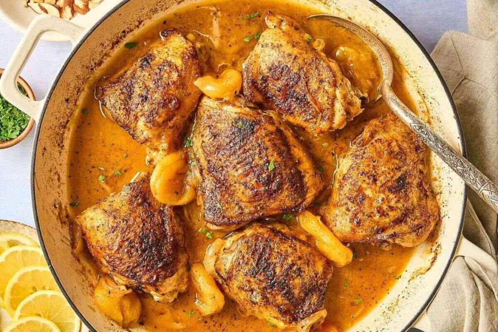 Golden-brown roasted apricot chicken thighs with herbs, served in a pan.