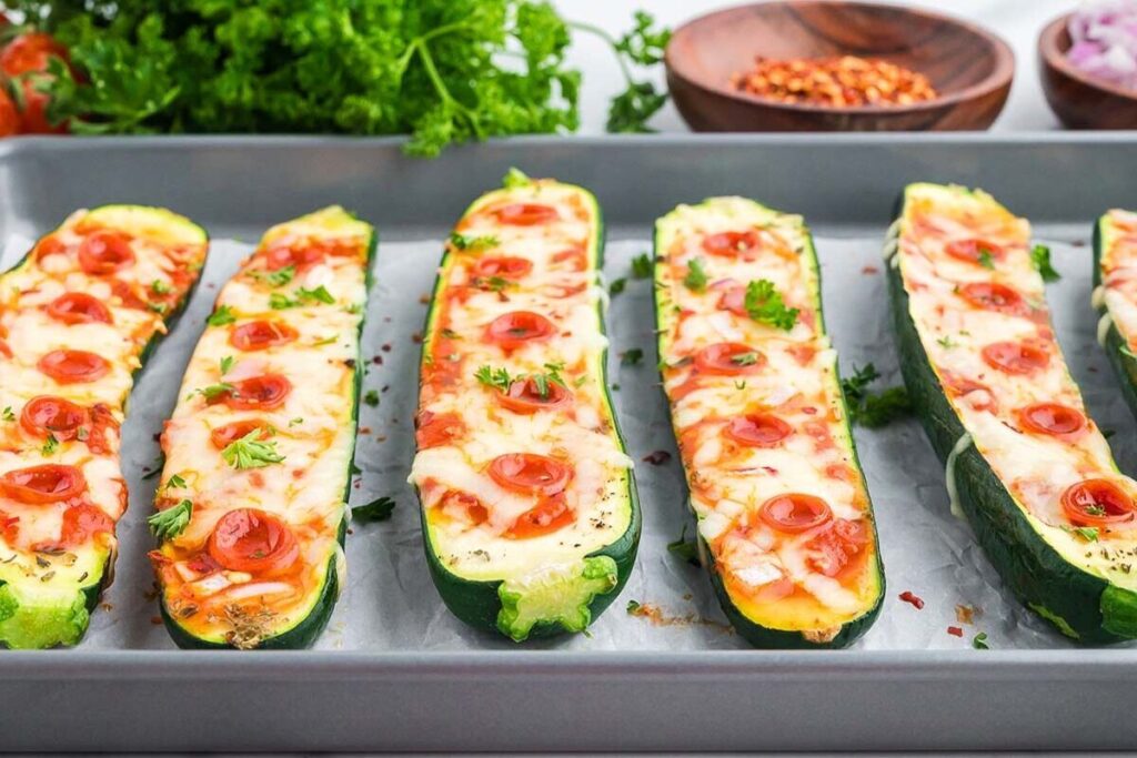 A baking tray with six pizza zucchini boats filled with melted cheese, pepperoni slices, and garnished with fresh herbs.
