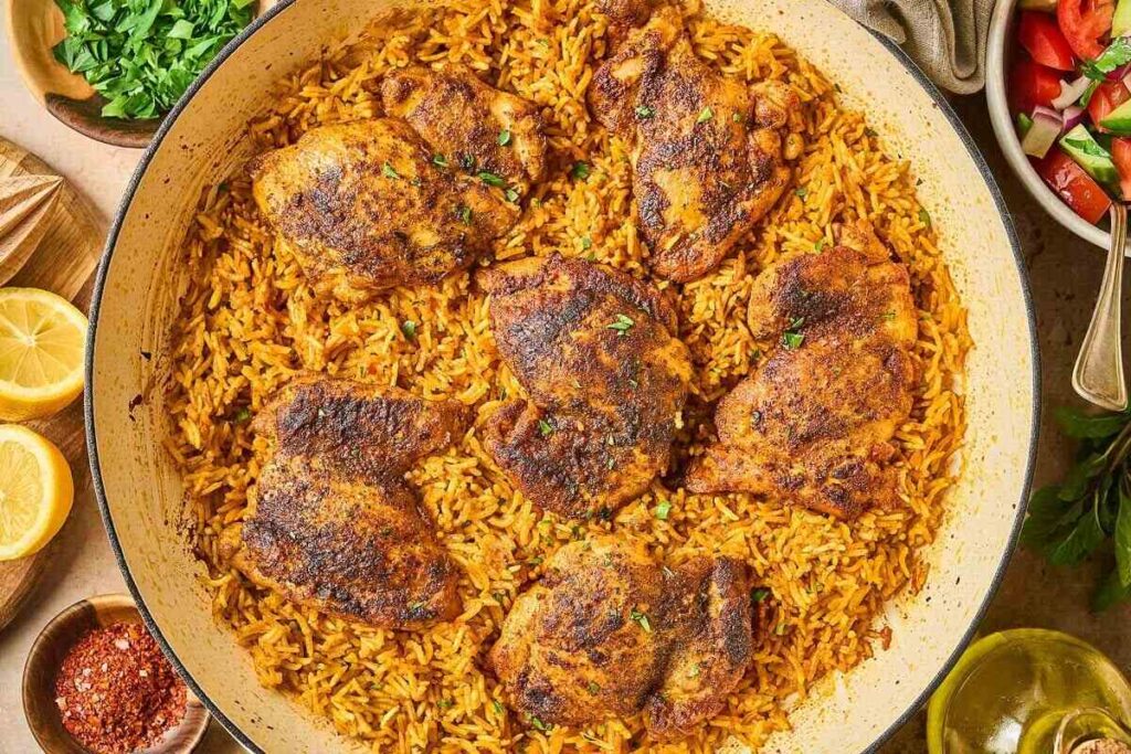 A Shawarma Chicken and Rice Skillet features seasoned chicken thighs on spiced rice, surrounded by lemon slices, fresh herbs, and a crisp salad.