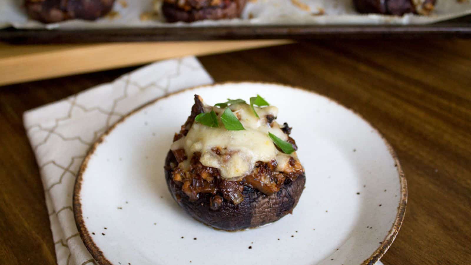 Vegan Tofu Stuffed Mushroom on a plate
