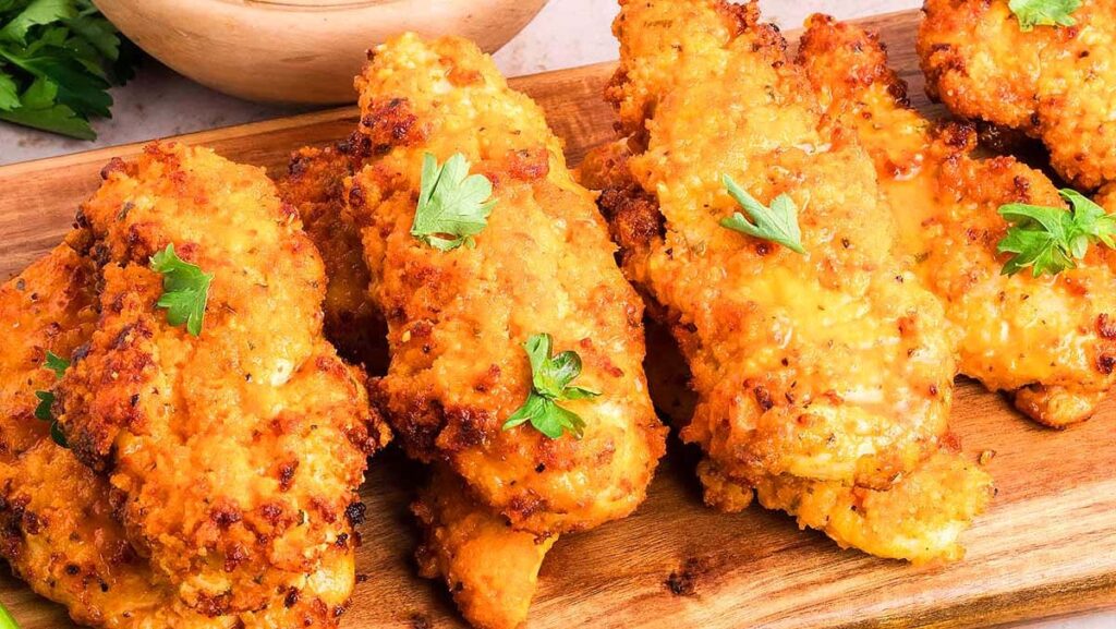 Cooked chicken tender pieces coated in a reddish sauce and arranged on a wooden board with small green herb leaves scattered on top.