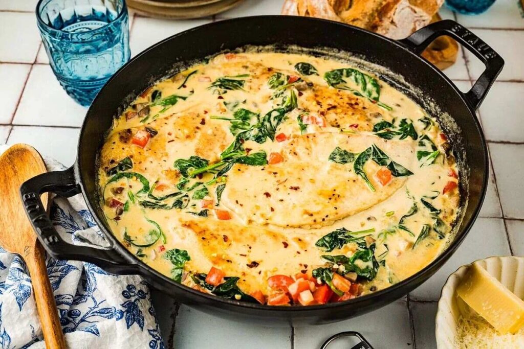 Skillet with creamy chicken Florentine featuring tender chicken breasts, spinach, and diced tomatoes on a tiled surface, accompanied by blue glassware and a wooden spoon.