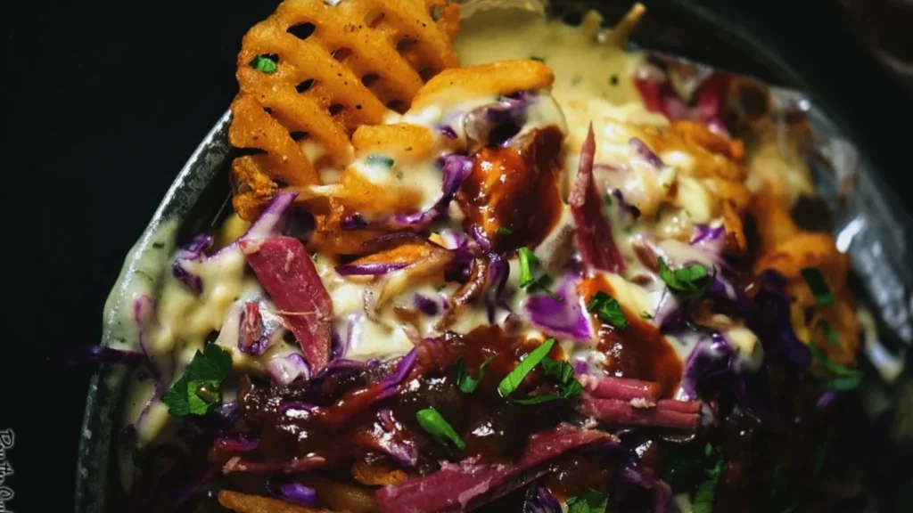 Nachos topped with corned beef, melted herbed whiskey cheese sauce, and crisp tortilla chips.