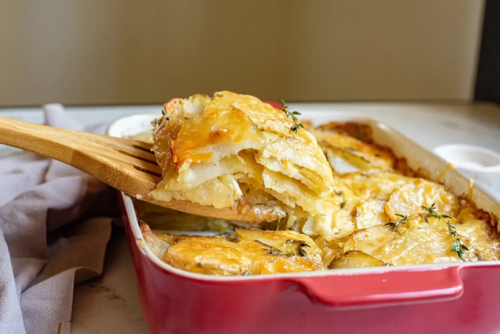 Traeger Garlic Gruyere Potato Gratin being served from a red casserole dish.