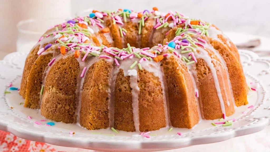 Bundt cake topped with white icing and colorful sprinkles on a plate.
