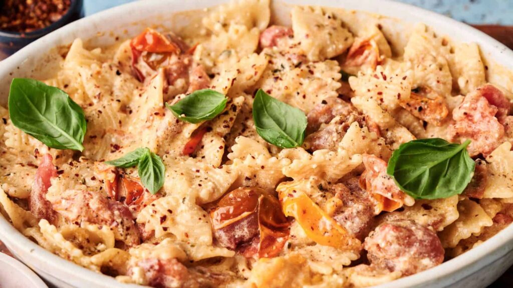 Bowl of farfalle pasta with cherry tomatoes, creamy sauce, basil leaves, and sprinkled black pepper.