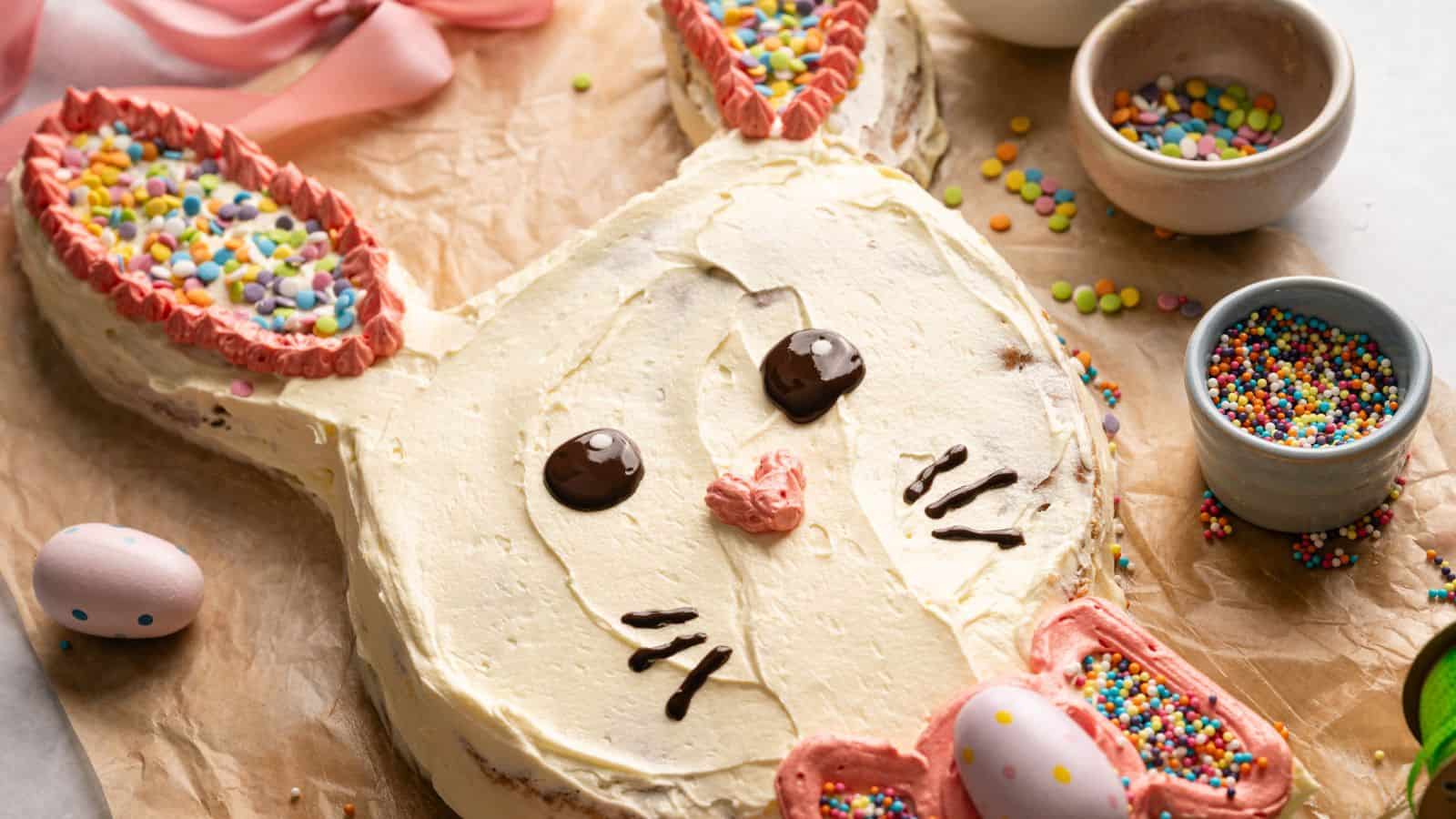 A bunny-shaped cake with white frosting, chocolate eyes and whiskers, and colorful sprinkles on the ears, surrounded by bowls of sprinkles and pastel decorations.