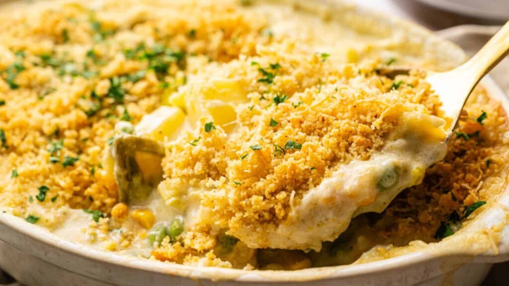 A spoon scoops a portion of creamy vegetable casserole topped with golden breadcrumbs and chopped herbs.