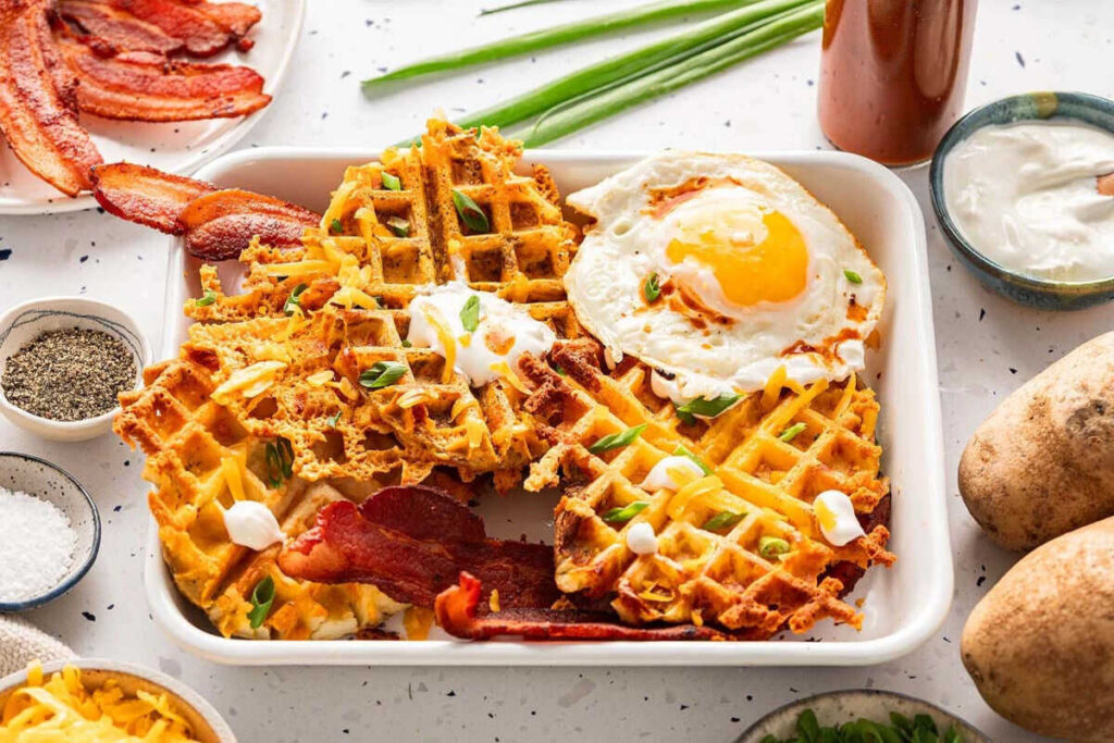 A plate of savory cheesy potato waffles topped with bacon, a sunny-side-up egg, diced green onions, and sour cream. Sides feature bacon strips, salt, pepper, potatoes, and a sauce bottle for an added kick.