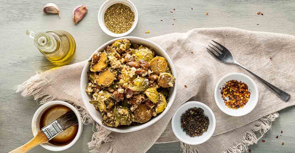 A bowl of roasted brussels sprouts.