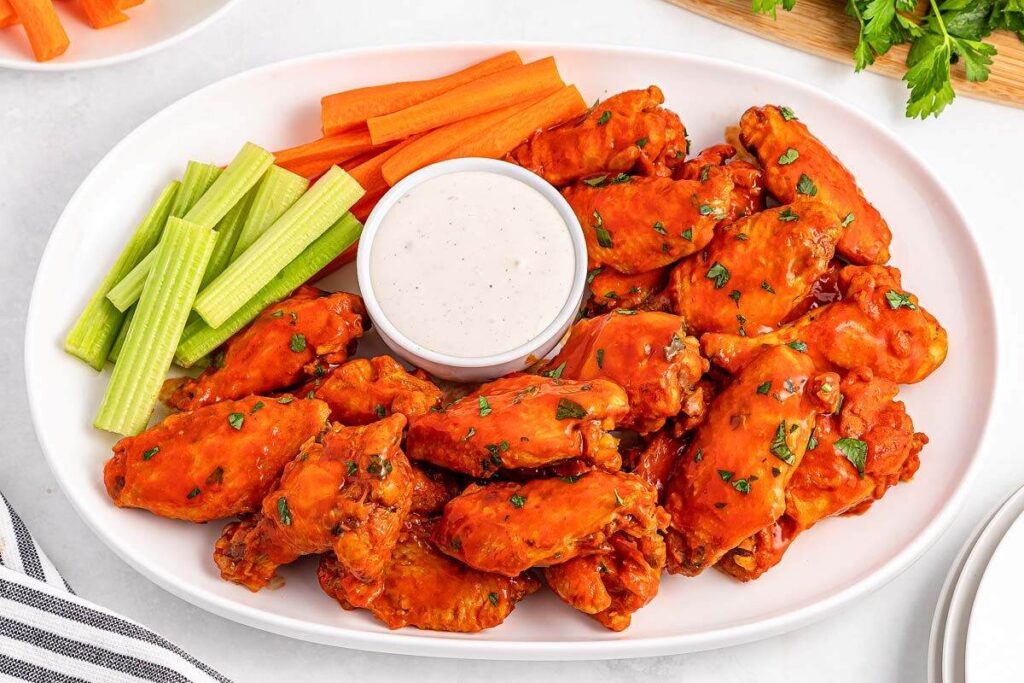 A plate of spicy slow cooker buffalo wings, perfectly paired with a tangy dipping sauce, carrot sticks, and celery sticks on the side.